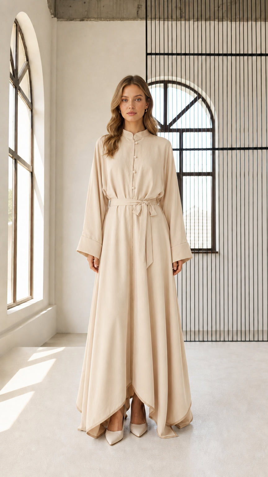 Front view of woman wearing beige long sleeve belted maxi dress