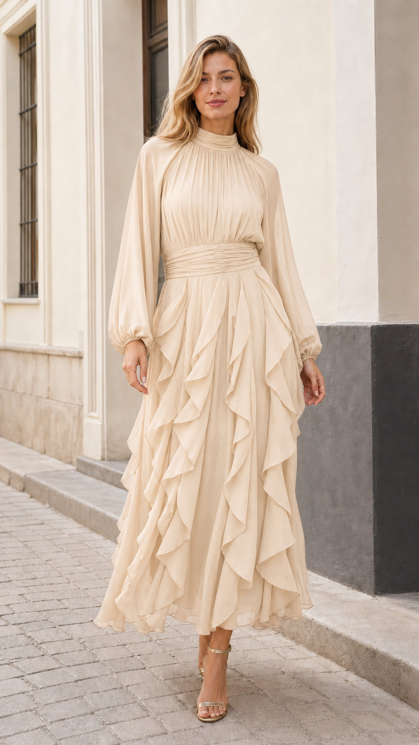 Model wearing elegant champagne beige long-sleeve ruffle maxi dress